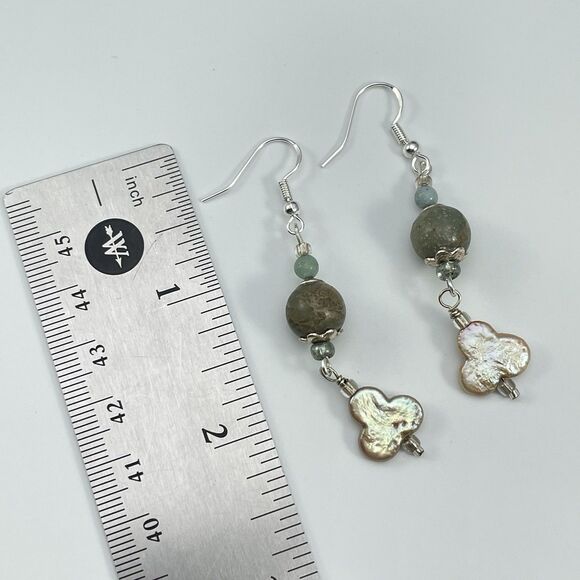 Earrings 925 Sterling Silver Plated Jasper Freshwater Clover Pearl Beaded Dangle - Picture 7 of 7